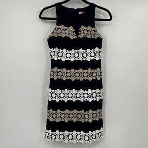 Lilly Pulitzer Navy Blue Cotton Lace Trim Shift Dress Gold White Size 00 Coastal